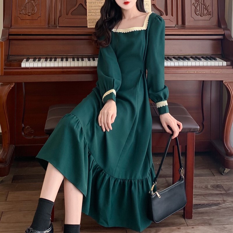 配色レーストリミング 胸元開き デコルテ見せ 裾ギャザー切替え ワンピース 膝下 ミモレ丈