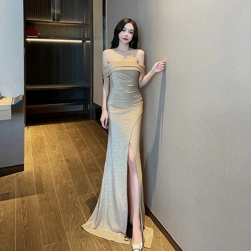 パーティードレス新作 セクシー 一字肩チューブトップブラ スリット ロングワンピース キャバドレス 高級感 ドレス 黒同窓会 披露宴 卒業式 結婚式 演奏会 ウェディング 成人式 正式 二次会 発表会