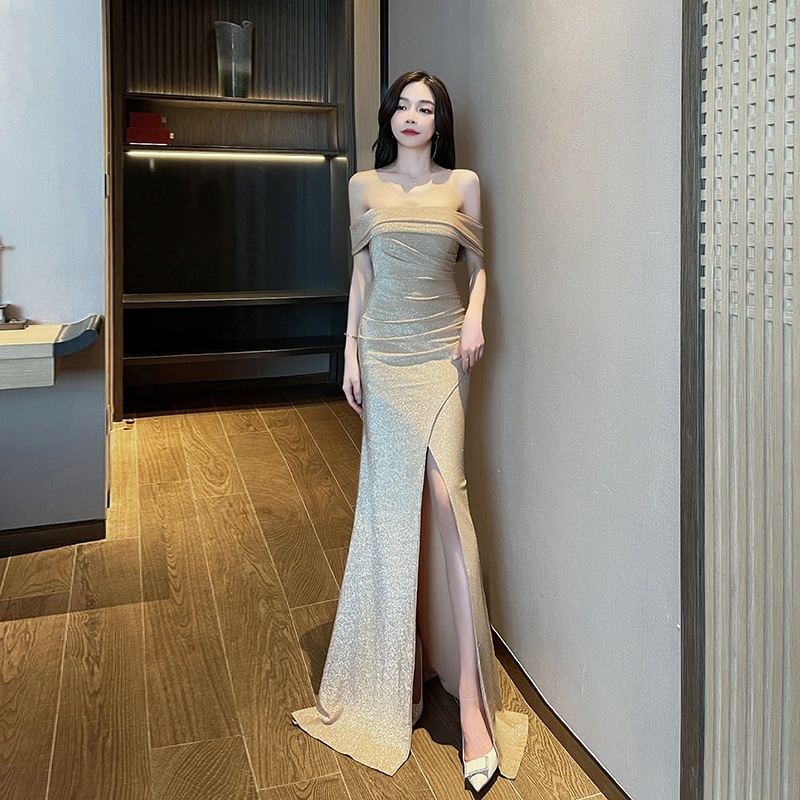 パーティードレス新作 セクシー 一字肩チューブトップブラ スリット ロングワンピース キャバドレス 高級感 ドレス 黒同窓会 披露宴 卒業式 結婚式 演奏会 ウェディング 成人式 正式 二次会 発表会