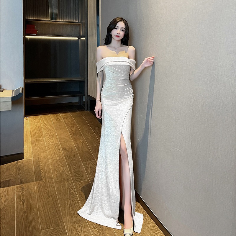 パーティードレス新作 セクシー 一字肩チューブトップブラ スリット ロングワンピース キャバドレス 高級感 ドレス 黒同窓会 披露宴 卒業式 結婚式 演奏会 ウェディング 成人式 正式 二次会 発表会