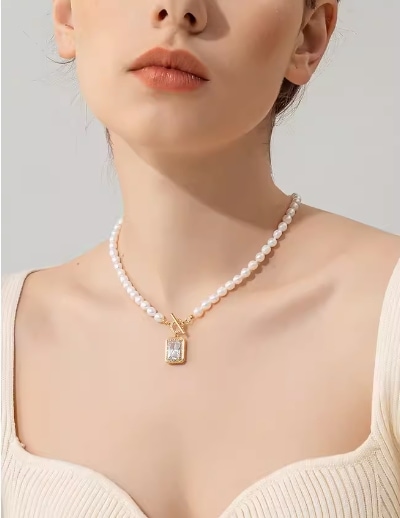 アクセサリー ネックレス アジャスター マンテル OT金具 パール チャーム ストーン付き スクエア 合金 ゴールド 14金コーティング かわいい 大人可愛い きれいめ カジュアル 上品 お洒落