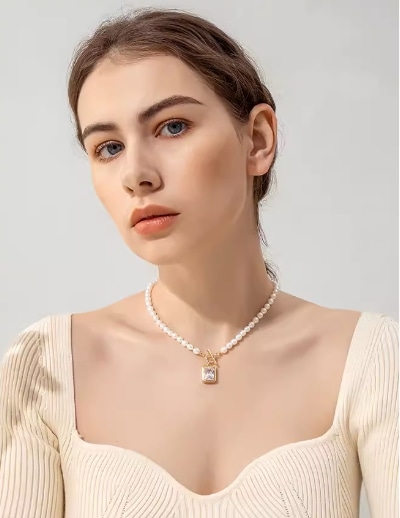 アクセサリー ネックレス アジャスター マンテル OT金具 パール チャーム ストーン付き スクエア 合金 ゴールド 14金コーティング かわいい 大人可愛い きれいめ カジュアル 上品 お洒落