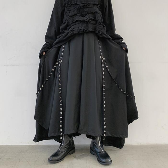 リベットベルトデザイン ワイドパンツ 袴パンツ ハトメデザイン メンズ ユニセックス 黒 ブラック