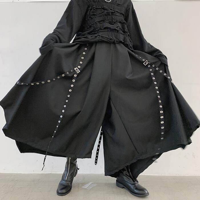 リベットベルトデザイン ワイドパンツ 袴パンツ ハトメデザイン メンズ ユニセックス 黒 ブラック