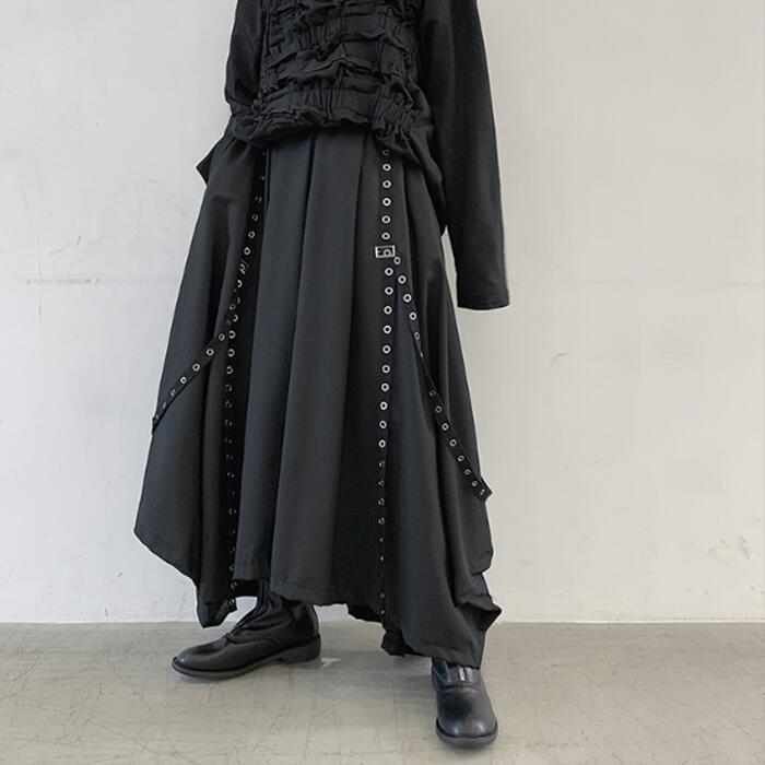 リベットベルトデザイン ワイドパンツ 袴パンツ ハトメデザイン メンズ ユニセックス 黒 ブラック