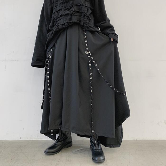 リベットベルトデザイン ワイドパンツ 袴パンツ ハトメデザイン メンズ ユニセックス 黒 ブラック