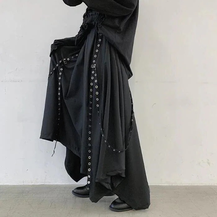 リベットベルトデザイン ワイドパンツ 袴パンツ ハトメデザイン メンズ ユニセックス 黒 ブラック