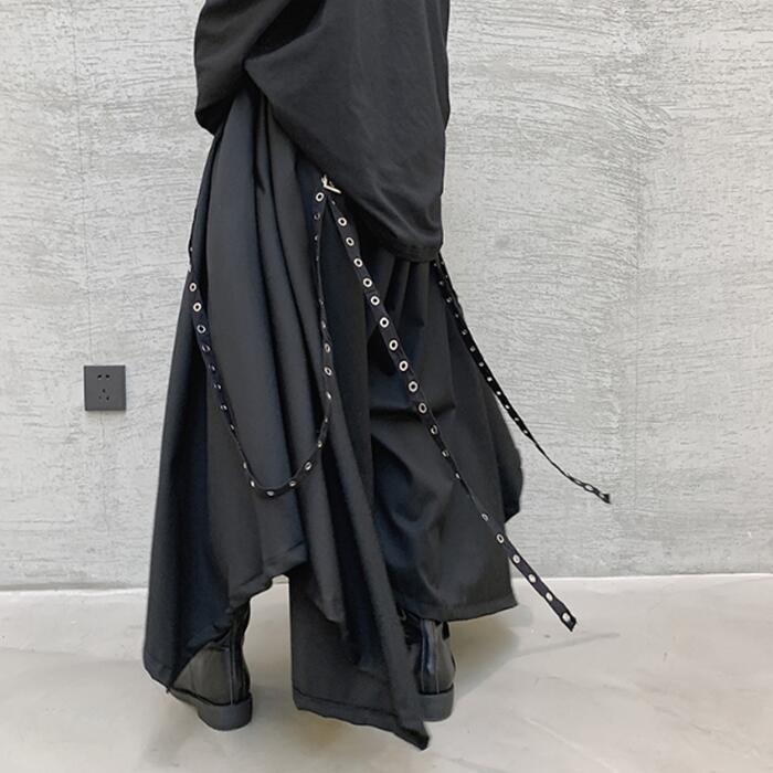リベットベルトデザイン ワイドパンツ 袴パンツ ハトメデザイン メンズ ユニセックス 黒 ブラック