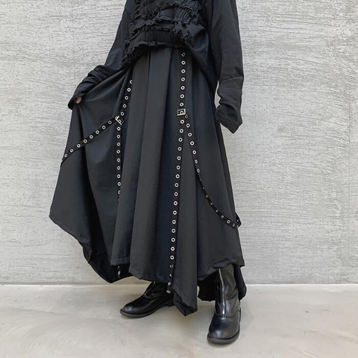 リベットベルトデザイン ワイドパンツ 袴パンツ ハトメデザイン メンズ ユニセックス 黒 ブラック