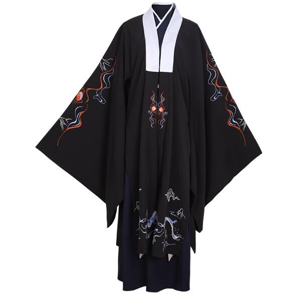 男女兼用漢服唐装 龍柄　黒　3点セット/4点セット　カップル中華振袖ｔシャツ+ロング丈スカート　ロング丈羽織　振袖中華古風コスプレ衣装　メンズレディース漢服　チャイナ舞台ステージ服　ハロウィン　クリス
