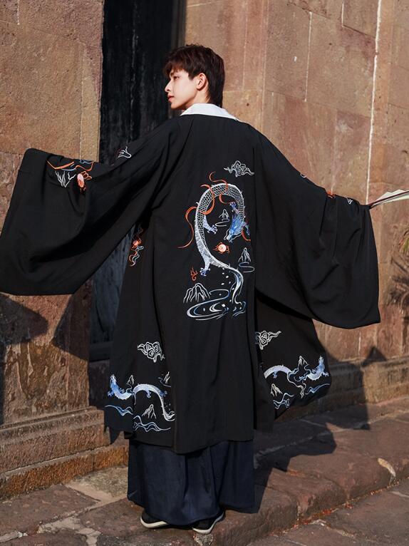 男女兼用漢服唐装 龍柄　黒　3点セット/4点セット　カップル中華振袖ｔシャツ+ロング丈スカート　ロング丈羽織　振袖中華古風コスプレ衣装　メンズレディース漢服　チャイナ舞台ステージ服　ハロウィン　クリス