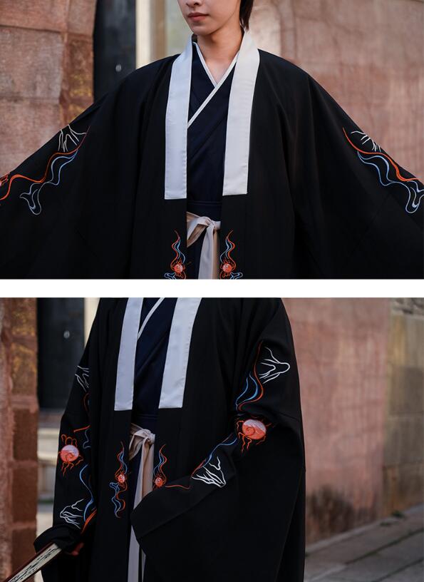 男女兼用漢服唐装 龍柄　黒　3点セット/4点セット　カップル中華振袖ｔシャツ+ロング丈スカート　ロング丈羽織　振袖中華古風コスプレ衣装　メンズレディース漢服　チャイナ舞台ステージ服　ハロウィン　クリス