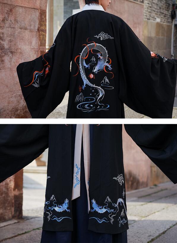 男女兼用漢服唐装 龍柄　黒　3点セット/4点セット　カップル中華振袖ｔシャツ+ロング丈スカート　ロング丈羽織　振袖中華古風コスプレ衣装　メンズレディース漢服　チャイナ舞台ステージ服　ハロウィン　クリス