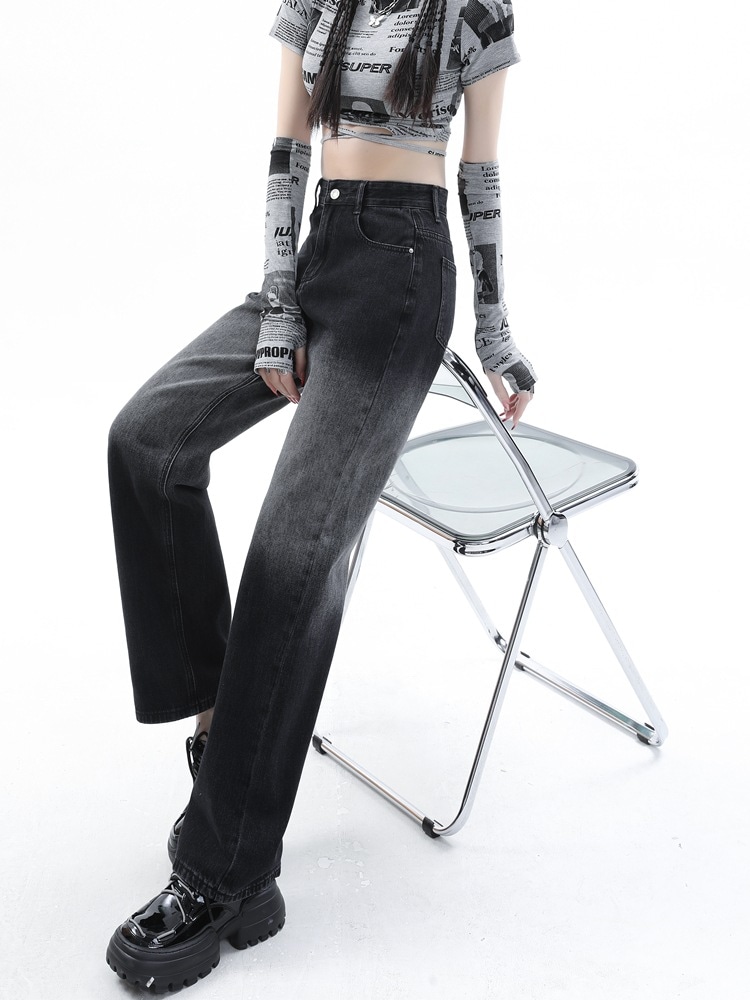 ブルーとグレーのグラデーションストレートジーンズ女性ハイウエlストドレープワイドパンツの薄いレトロ狭いバージョン春秋冬秋と秋の女性の新しいモデル