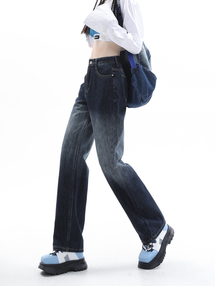 ブルーとグレーのグラデーションストレートジーンズ女性ハイウエlストドレープワイドパンツの薄いレトロ狭いバージョン春秋冬秋と秋の女性の新しいモデル