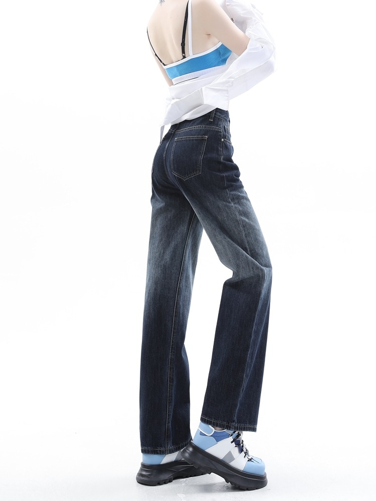 ブルーとグレーのグラデーションストレートジーンズ女性ハイウエlストドレープワイドパンツの薄いレトロ狭いバージョン春秋冬秋と秋の女性の新しいモデル