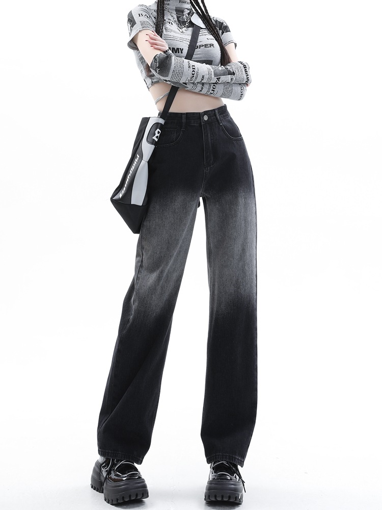 ブルーとグレーのグラデーションストレートジーンズ女性ハイウエlストドレープワイドパンツの薄いレトロ狭いバージョン春秋冬秋と秋の女性の新しいモデル