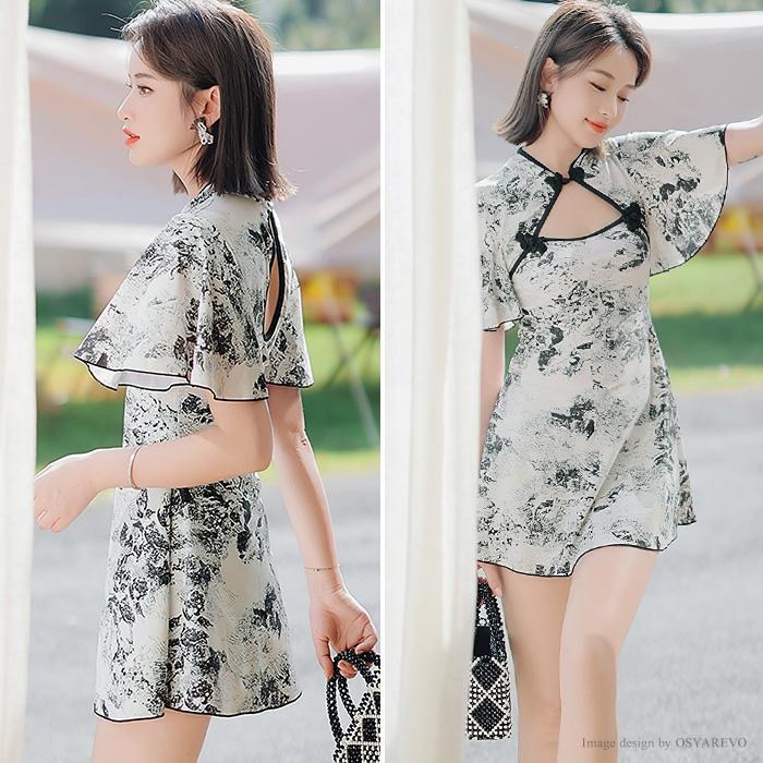 30代 体型カバー 2点セット ショートパンツ チャイナ風 花柄 ワンピース ワンピース水着 20 30代 体型カバー 2点セット ショートパンツ チャイナ風 花柄 ワンピース ワンピース水着 20