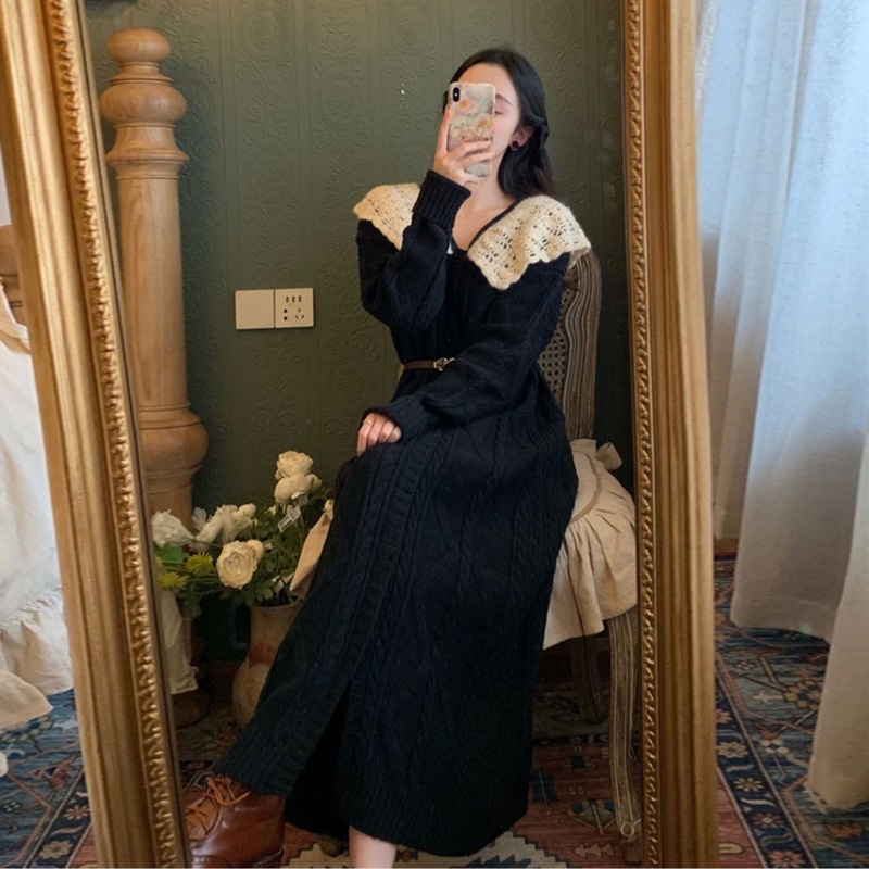 韓国ファッション ワンピース 日系優しいロングニットドレス ボトムセーター ツイスト ニット韓国ファッション ワンピース