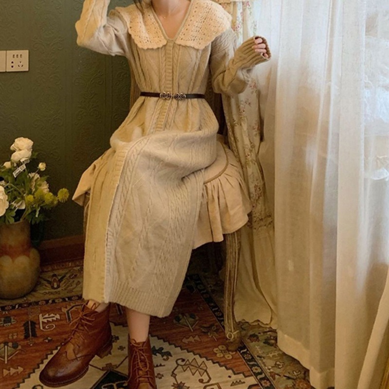 韓国ファッション ワンピース 日系優しいロングニットドレス ボトムセーター ツイスト ニット韓国ファッション ワンピース