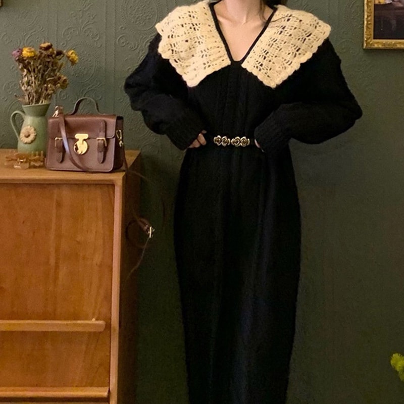 韓国ファッション ワンピース 日系優しいロングニットドレス ボトムセーター ツイスト ニット韓国ファッション ワンピース