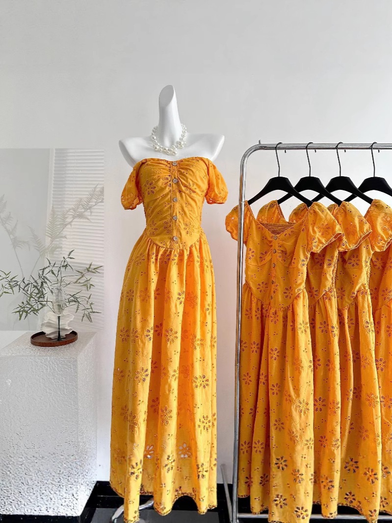 急速出荷】202513行シチリア休日フレンチバルーンスリーブ透かしワンピース