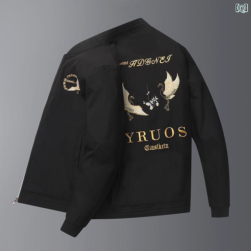 メンズ ファッション ベースボール ジャケット 春秋 スリム スタンドカラー 刺繍 鶴 ジャケット メンズ ファッション ベースボール ジャケット 春秋 スリム スタンドカラー 刺繍 鶴 ジャケット