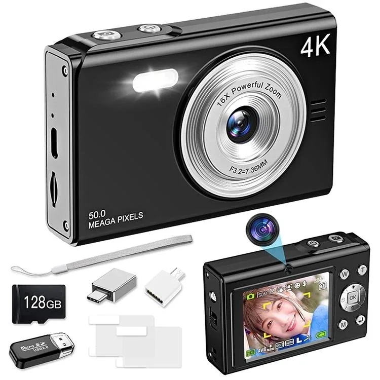 デジカメ 4K デジタルカメラ 日本製チップ 128GB SDカード付き 16倍ズーム 5000万画素 オートフォーカス ウェブカメラ コンパクト 初心者向け 懐中電灯機能