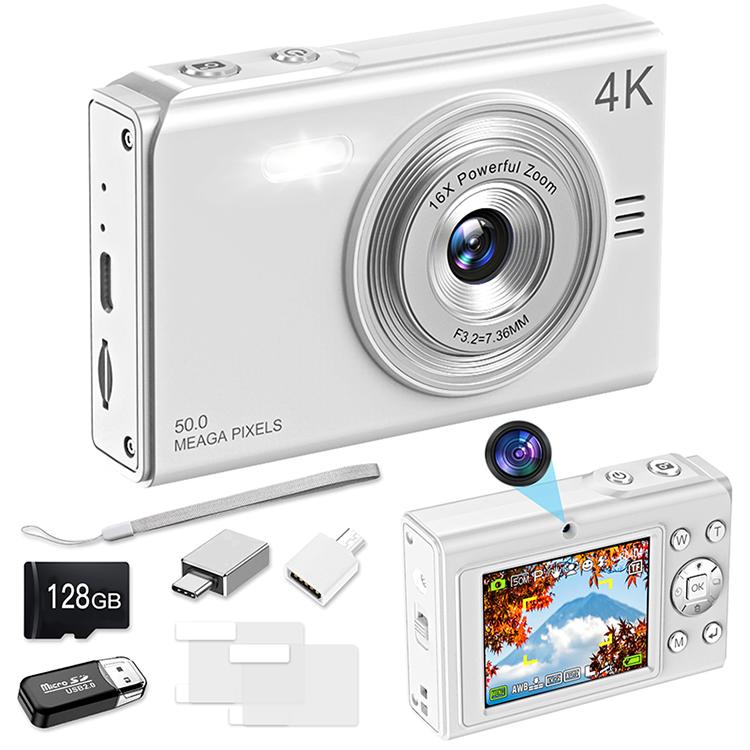 デジカメ 4K デジタルカメラ 日本製チップ 128GB SDカード付き 16倍ズーム 5000万画素 オートフォーカス ウェブカメラ コンパクト 初心者向け 懐中電灯機能