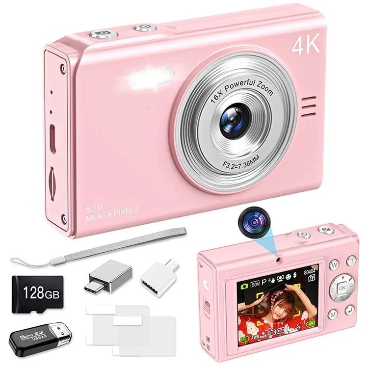 デジカメ 4K デジタルカメラ 日本製チップ 128GB SDカード付き 16倍ズーム 5000万画素 オートフォーカス ウェブカメラ コンパクト 初心者向け 懐中電灯機能