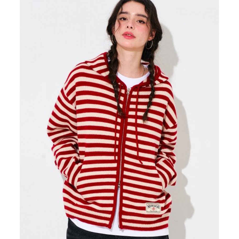 SLOW ACID ストライプニットパーカージップアップ [レッド]