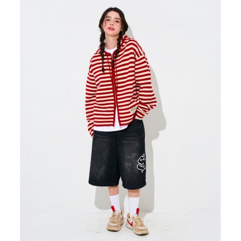 SLOW ACID ストライプニットパーカージップアップ [レッド]