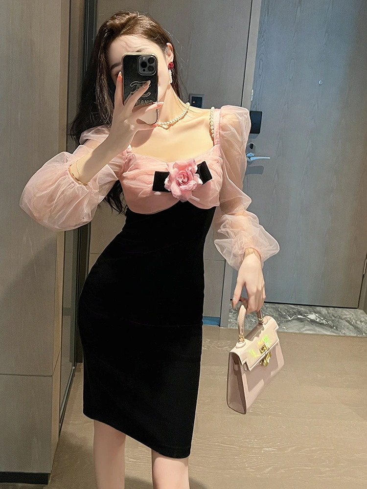 【JY.上品】 秋冬 花飾り チュール ショートワンピース パーティードレス キャバ 着痩せ 大人 同窓会 披露宴 卒業式 結婚式 演奏会 ウェディング 二次会
