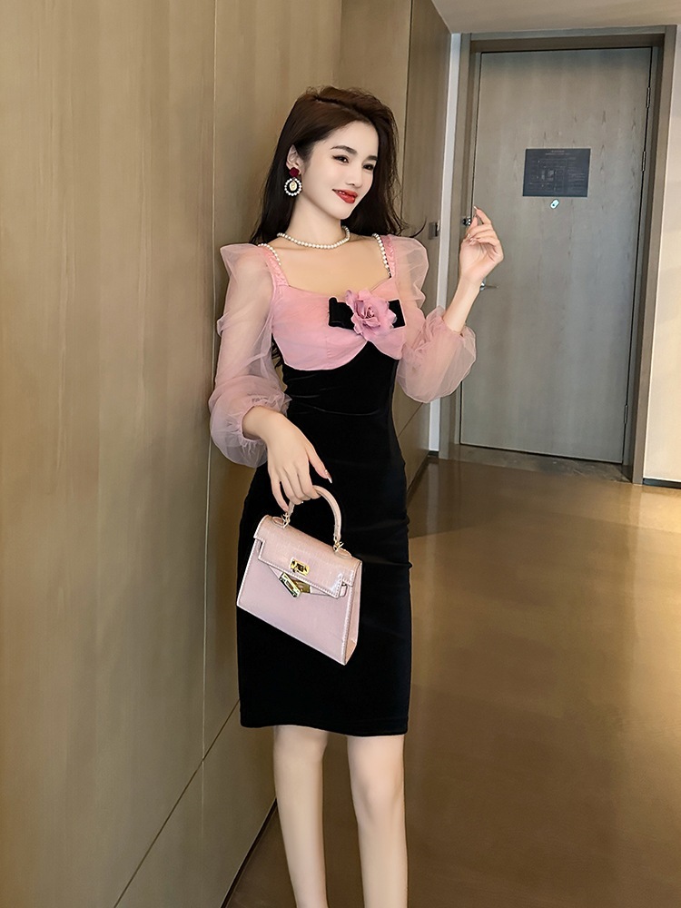 【JY.上品】 秋冬 花飾り チュール ショートワンピース パーティードレス キャバ 着痩せ 大人 同窓会 披露宴 卒業式 結婚式 演奏会 ウェディング 二次会