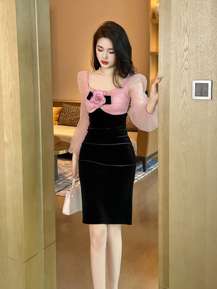 【JY.上品】 秋冬 花飾り チュール ショートワンピース パーティードレス キャバ 着痩せ 大人 同窓会 披露宴 卒業式 結婚式 演奏会 ウェディング 二次会
