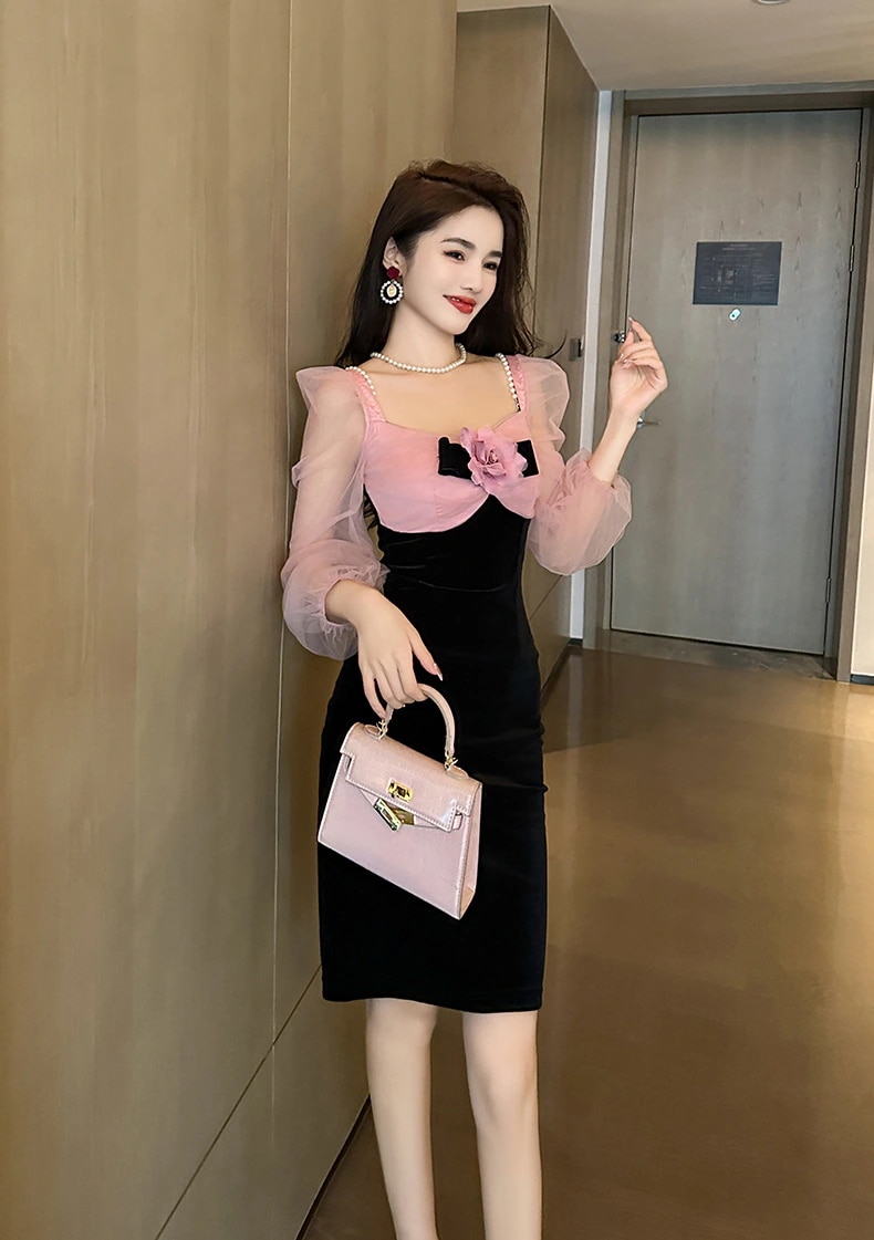 【JY.上品】 秋冬 花飾り チュール ショートワンピース パーティードレス キャバ 着痩せ 大人 同窓会 披露宴 卒業式 結婚式 演奏会 ウェディング 二次会