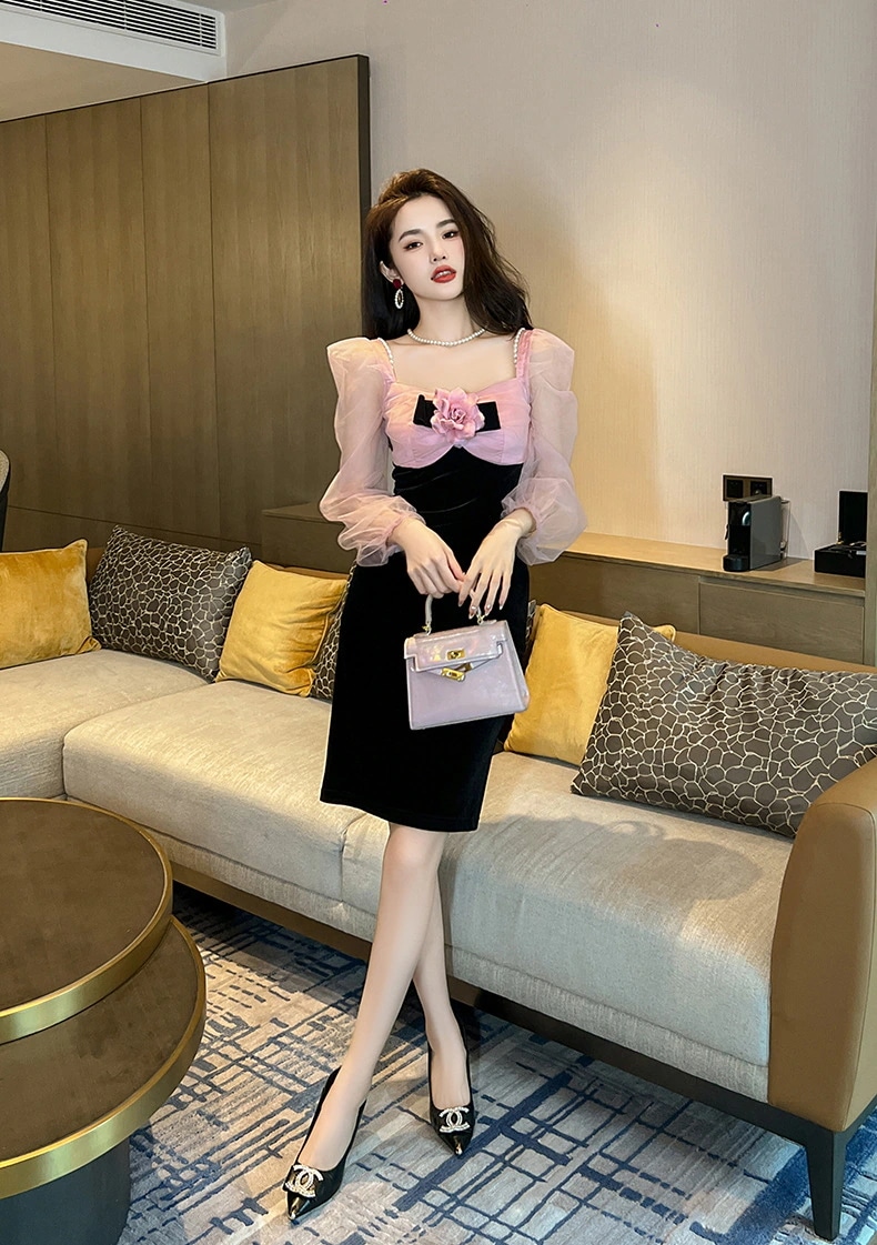 【JY.上品】 秋冬 花飾り チュール ショートワンピース パーティードレス キャバ 着痩せ 大人 同窓会 披露宴 卒業式 結婚式 演奏会 ウェディング 二次会