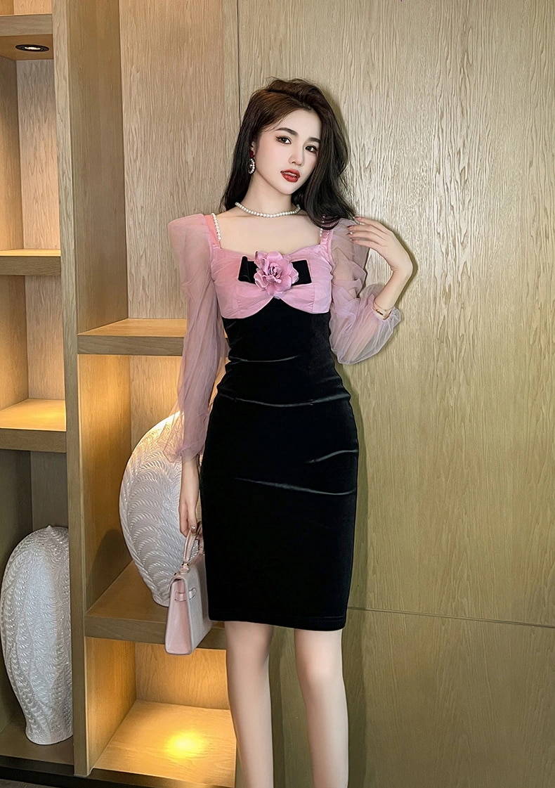【JY.上品】 秋冬 花飾り チュール ショートワンピース パーティードレス キャバ 着痩せ 大人 同窓会 披露宴 卒業式 結婚式 演奏会 ウェディング 二次会