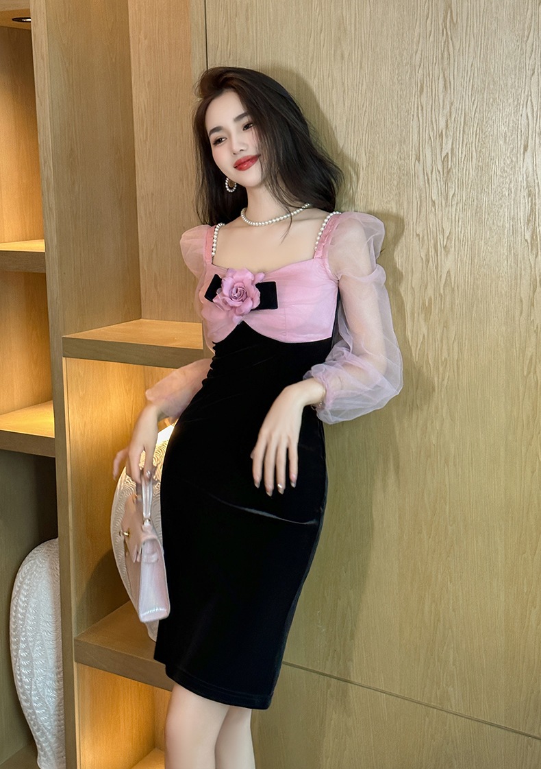 【JY.上品】 秋冬 花飾り チュール ショートワンピース パーティードレス キャバ 着痩せ 大人 同窓会 披露宴 卒業式 結婚式 演奏会 ウェディング 二次会