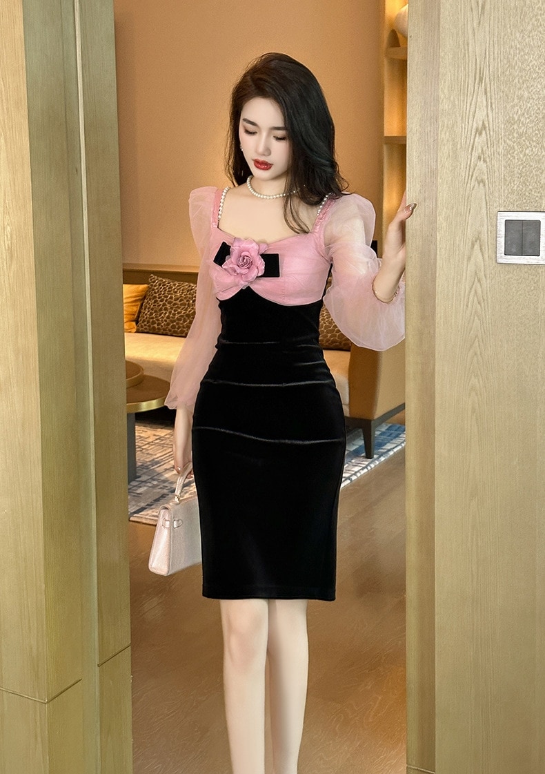 【JY.上品】 秋冬 花飾り チュール ショートワンピース パーティードレス キャバ 着痩せ 大人 同窓会 披露宴 卒業式 結婚式 演奏会 ウェディング 二次会