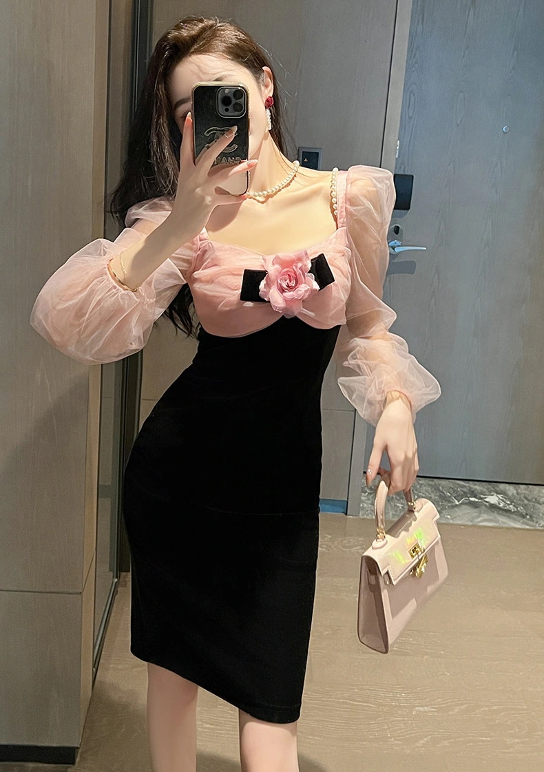 【JY.上品】 秋冬 花飾り チュール ショートワンピース パーティードレス キャバ 着痩せ 大人 同窓会 披露宴 卒業式 結婚式 演奏会 ウェディング 二次会