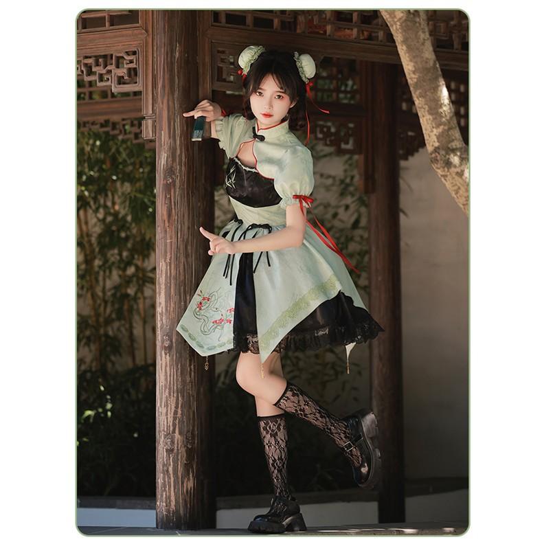 中華風 ロリータ チャイナドレス ワンピース Aライン Lolita パフスリーブ 膝丈 レース フリル 長袖 萌え萌え 可愛い 中華 漢服 友達 姉妹_2