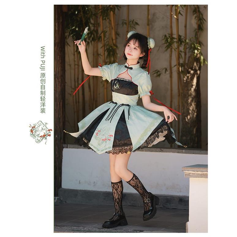 中華風 ロリータ チャイナドレス ワンピース Aライン Lolita パフスリーブ 膝丈 レース フリル 長袖 萌え萌え 可愛い 中華 漢服 友達 姉妹_3