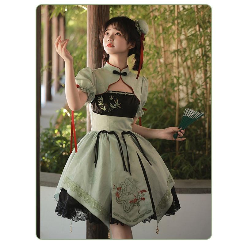 中華風 ロリータ チャイナドレス ワンピース Aライン Lolita パフスリーブ 膝丈 レース フリル 長袖 萌え萌え 可愛い 中華 漢服 友達 姉妹_4