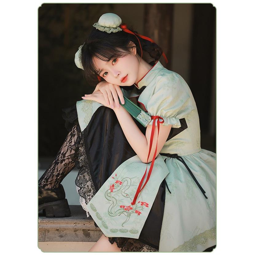 中華風 ロリータ チャイナドレス ワンピース Aライン Lolita パフスリーブ 膝丈 レース フリル 長袖 萌え萌え 可愛い 中華 漢服 友達 姉妹_5