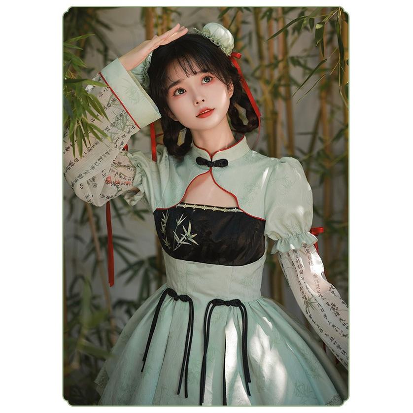 中華風 ロリータ チャイナドレス ワンピース Aライン Lolita パフスリーブ 膝丈 レース フリル 長袖 萌え萌え 可愛い 中華 漢服 友達 姉妹_6