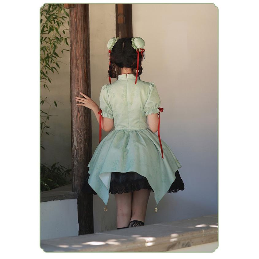 中華風 ロリータ チャイナドレス ワンピース Aライン Lolita パフスリーブ 膝丈 レース フリル 長袖 萌え萌え 可愛い 中華 漢服 友達 姉妹_7