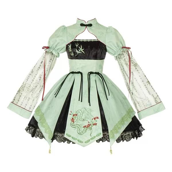 中華風 ロリータ チャイナドレス ワンピース Aライン Lolita パフスリーブ 膝丈 レース フリル 長袖 萌え萌え 可愛い 中華 漢服 友達 姉妹_8