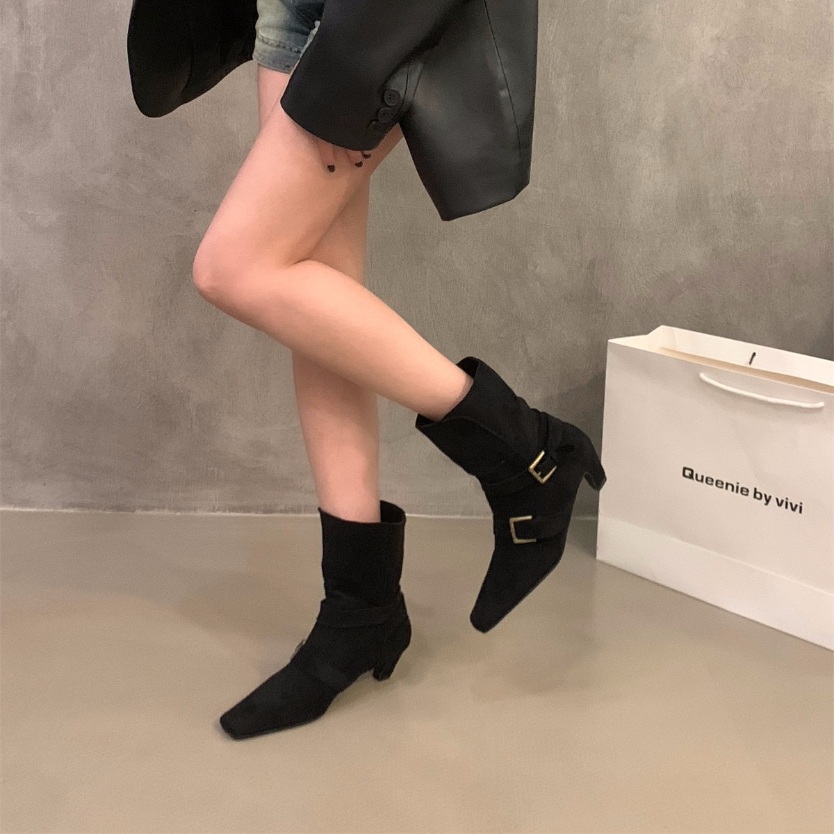 厚いかかとレトロウエスタンデニムブーツスエードマーティンブーツレディースシューズ2024新しい春と秋のシングルブーツ薄い短いブーツ