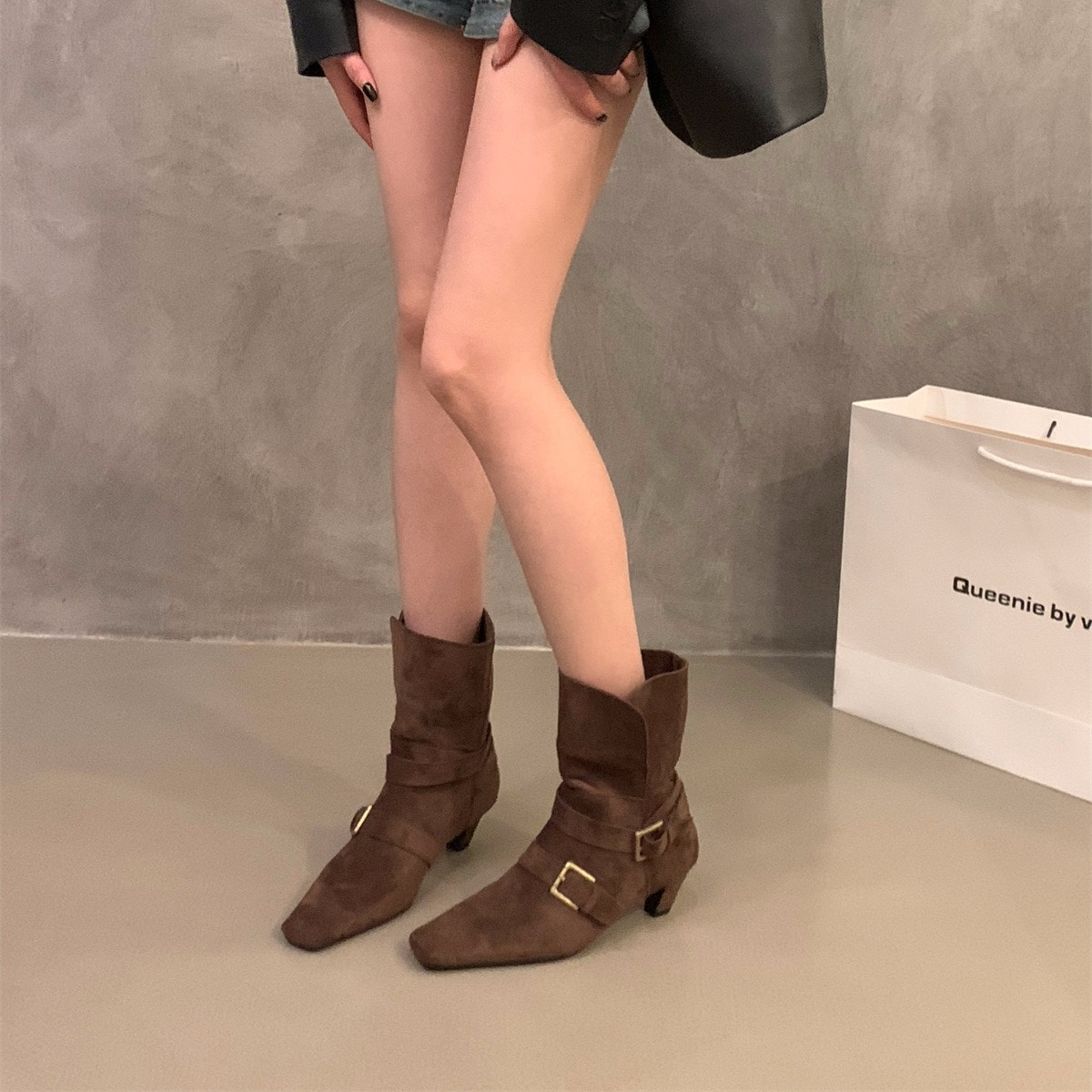 厚いかかとレトロウエスタンデニムブーツスエードマーティンブーツレディースシューズ2024新しい春と秋のシングルブーツ薄い短いブーツ